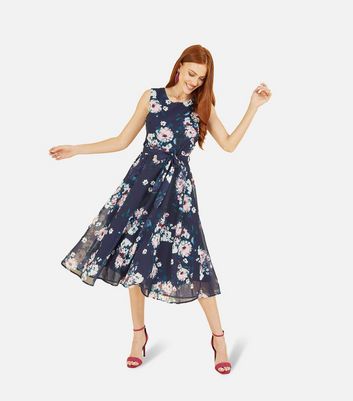 Yumi Navy Floral Sleeveless Tie Waist Midi Dress New Look