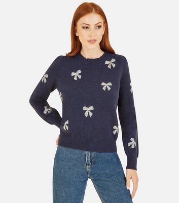 Yumi Navy Knit Sequin Embellished Bow Jumper | New Look