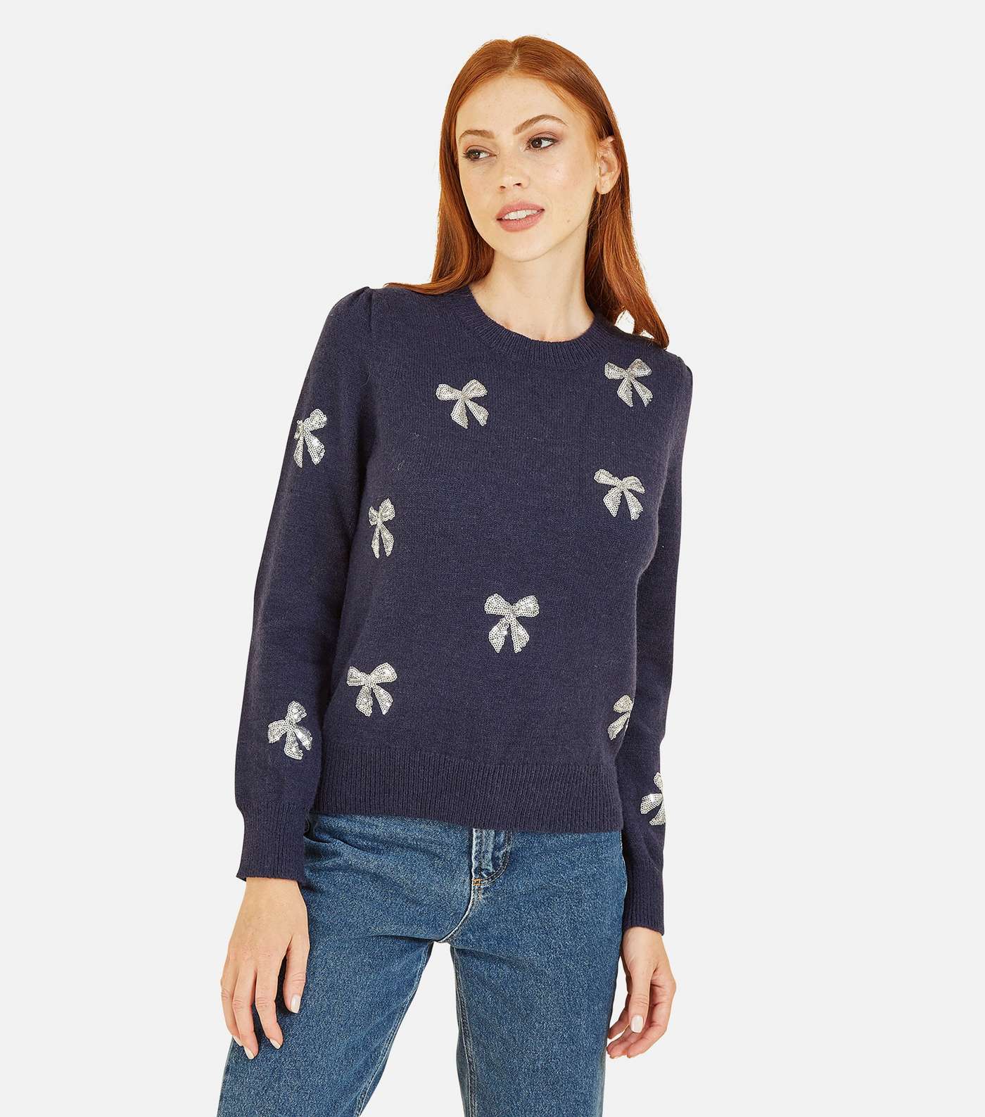 Yumi Navy Knit Sequin Embellished Bow Jumper Image 2