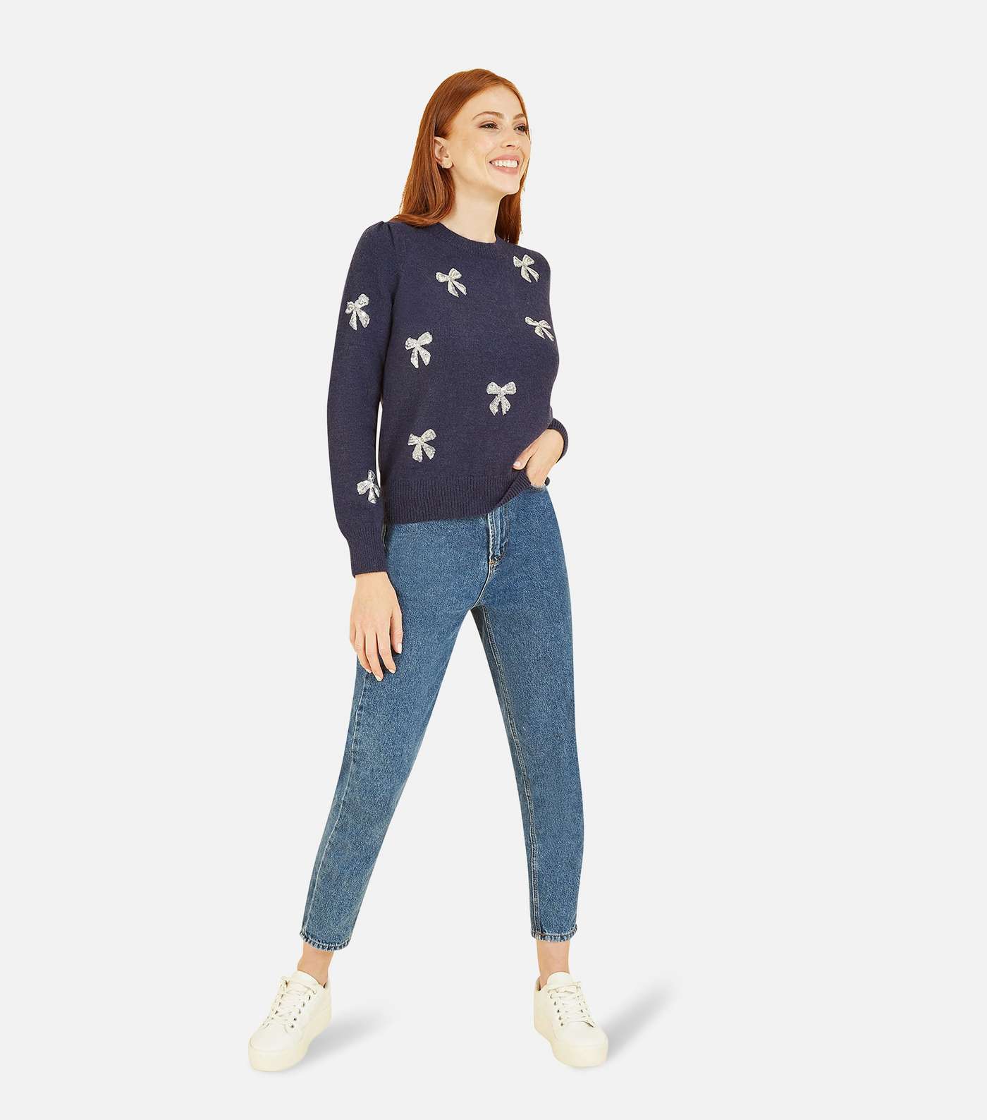 Yumi Navy Knit Sequin Embellished Bow Jumper Image 4