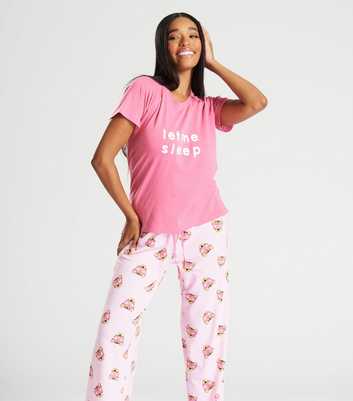 Loungeable Pink Trouser Pyjama Set with Leopard Print
