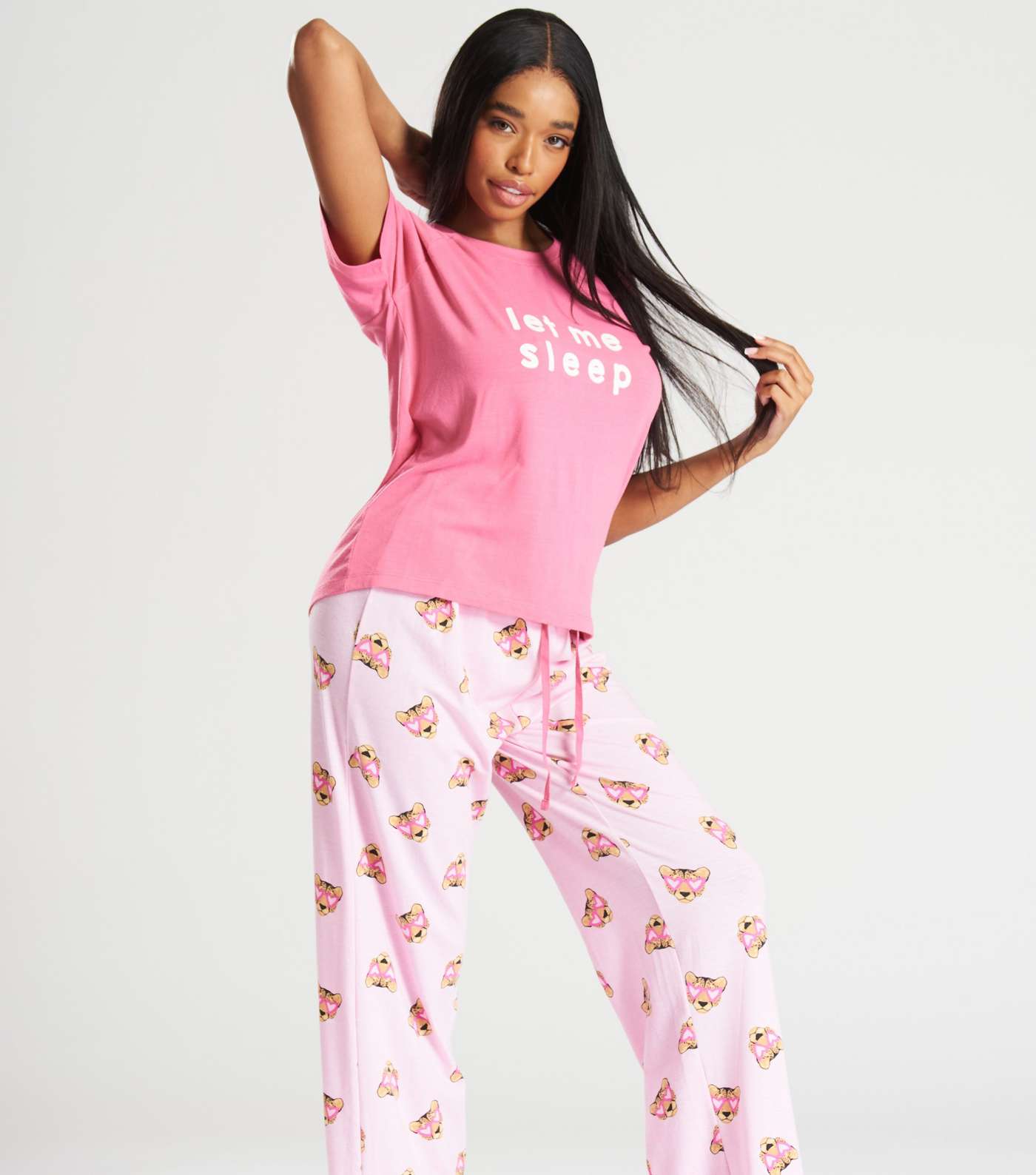 Loungeable Pink Trouser Pyjama Set with Leopard Print Image 3