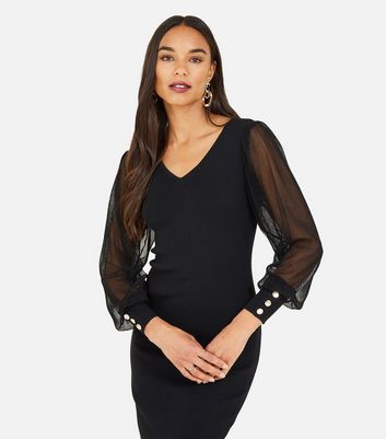Yumi Black Knit Mesh Sleeve Bodycon 