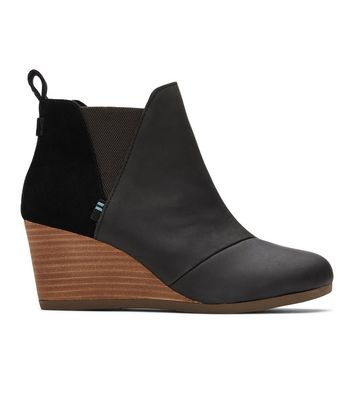 TOMS Black Leather Wedge Boots New Look