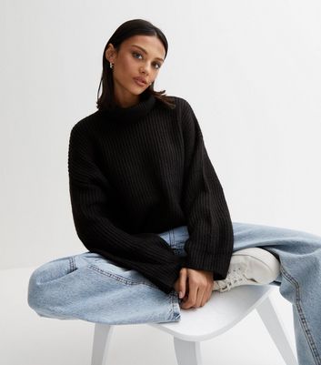 Black Ribbed Knit Chunky Roll Neck Jumper
