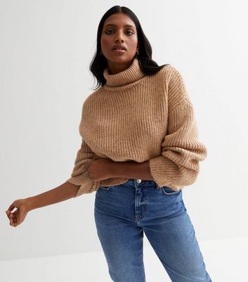 Camel Ribbed Knit Chunky Roll Neck Jumper
