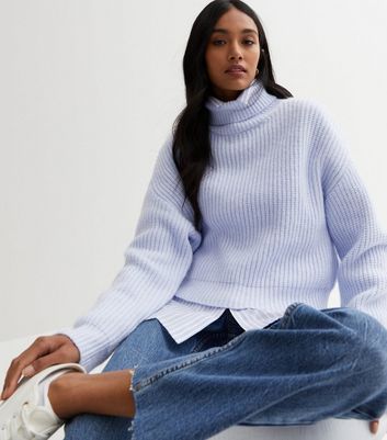 Pale Blue Ribbed Knit Chunky Roll Neck Jumper
