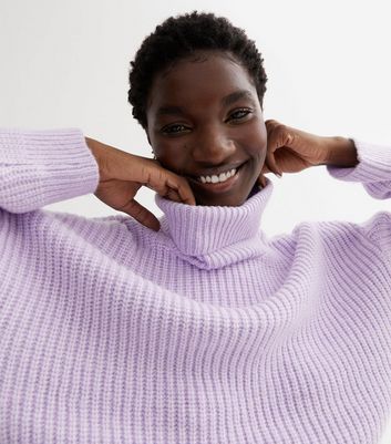 Lilac Ribbed Knit Chunky Roll Neck Jumper