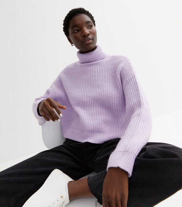 Lilac Ribbed Knit Chunky Roll Neck Jumper