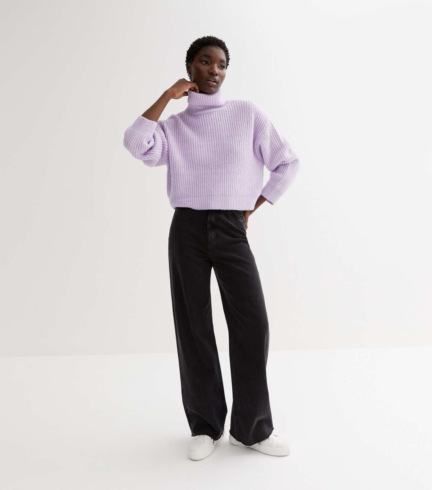 Lilac Ribbed Knit Chunky Roll Neck Jumper Image 3
