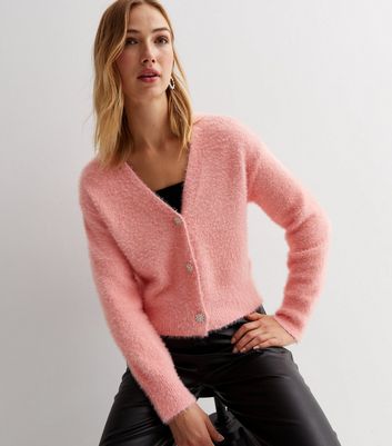 Mid Pink Fluffy Gem Button Front Cardigan