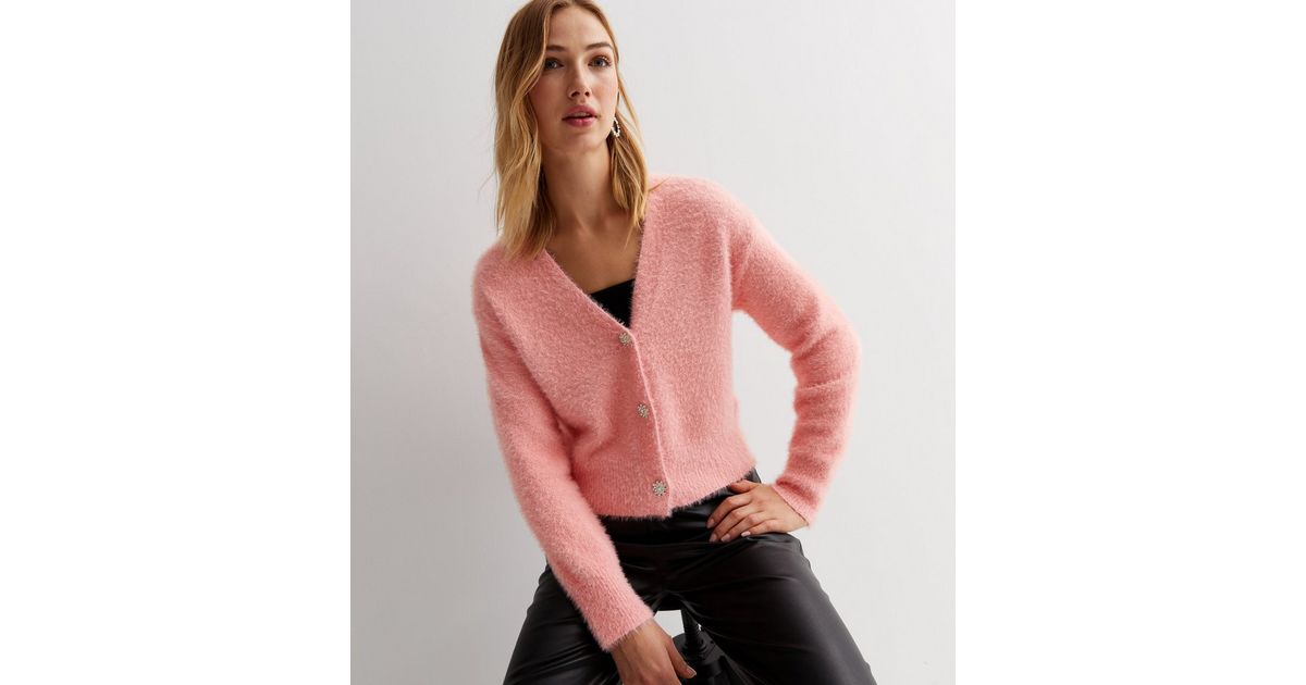 Mid Pink Fluffy Gem Button Front Cardigan New Look