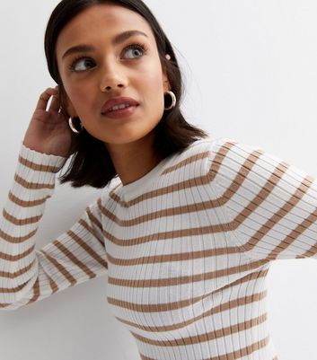 Brown Stripe Ribbed Knit Crew Neck Long Sleeve Jumper