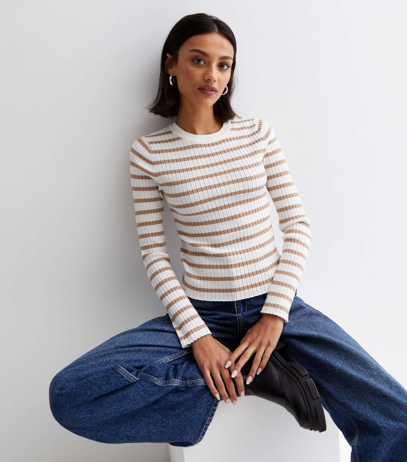 Brown Stripe Ribbed Knit Crew Neck Long Sleeve Jumper Image 2