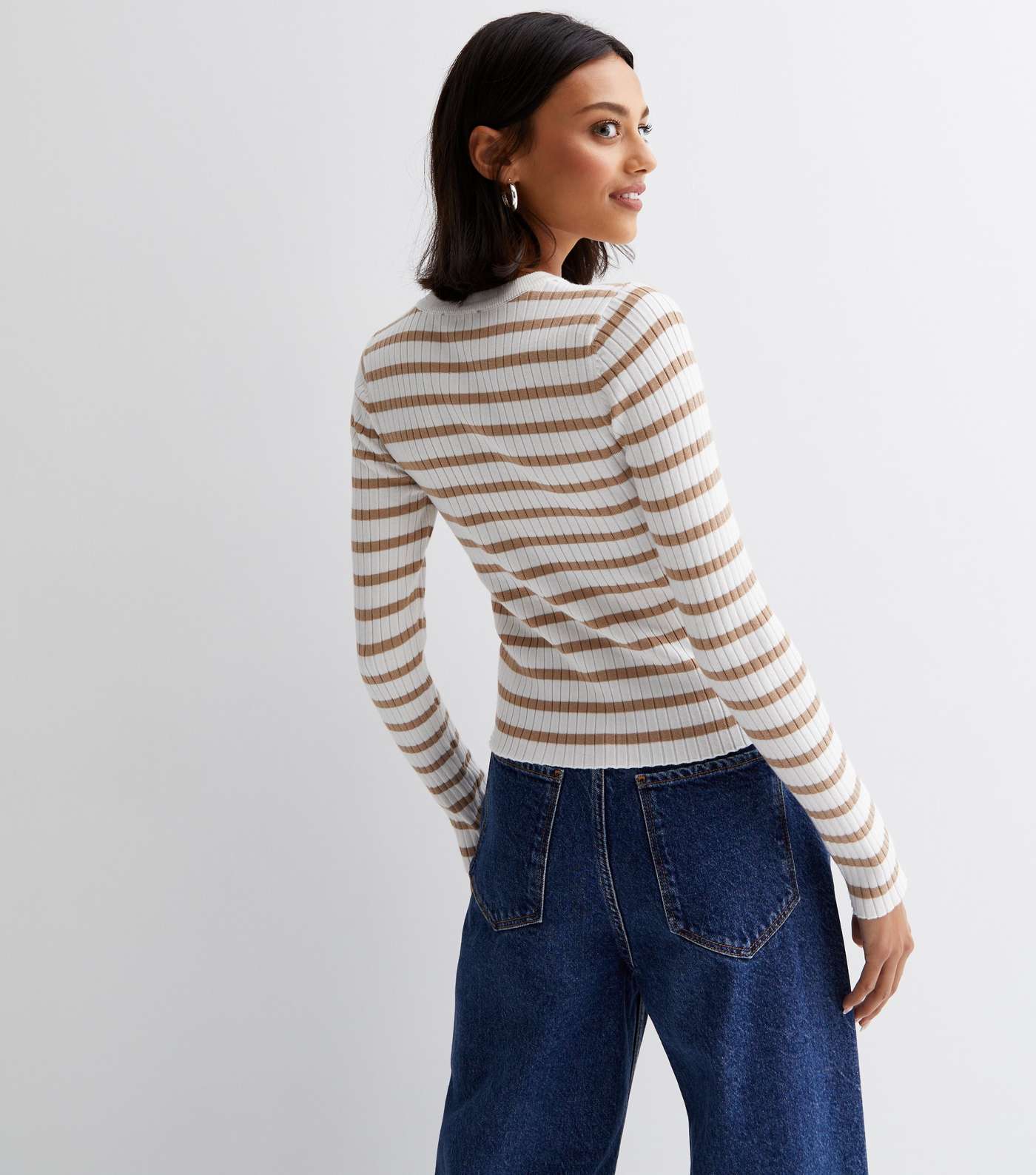 Brown Stripe Ribbed Knit Crew Neck Long Sleeve Jumper Image 4