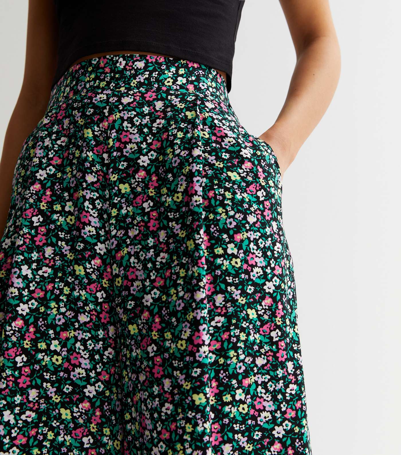 Tall Black Ditsy Floral Wide Leg Crop Trousers Image 3