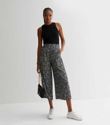 Tall Black Ditsy Floral Wide Leg Crop Trousers