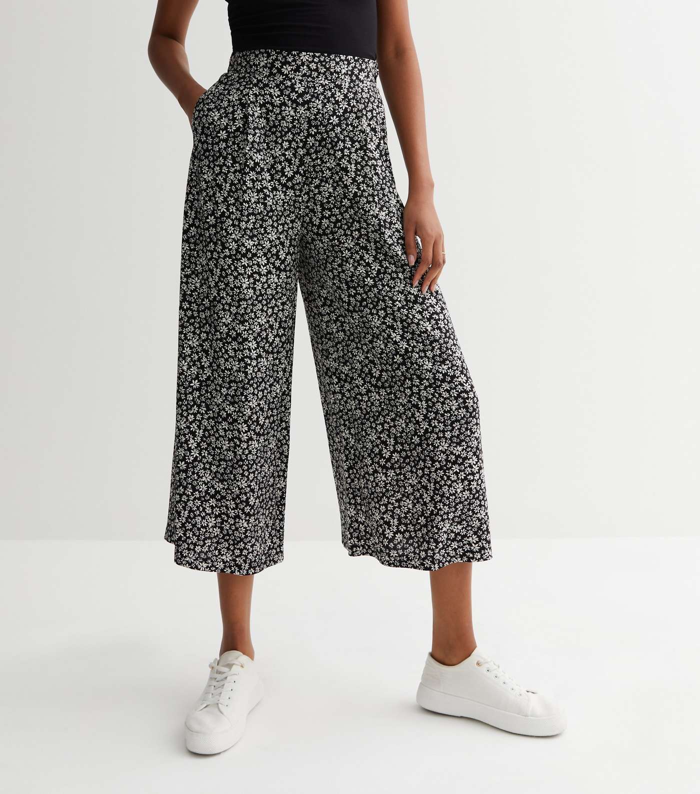 Tall Black Ditsy Floral Wide Leg Crop Trousers Image 2