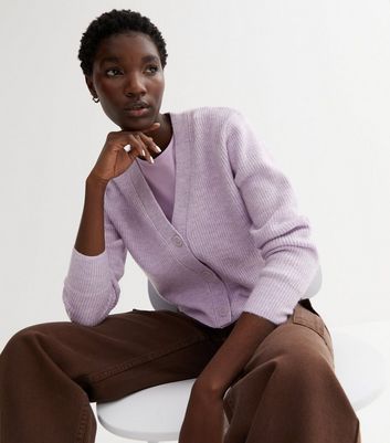 Lilac Ribbed Knit Button Front Cardigan New Look