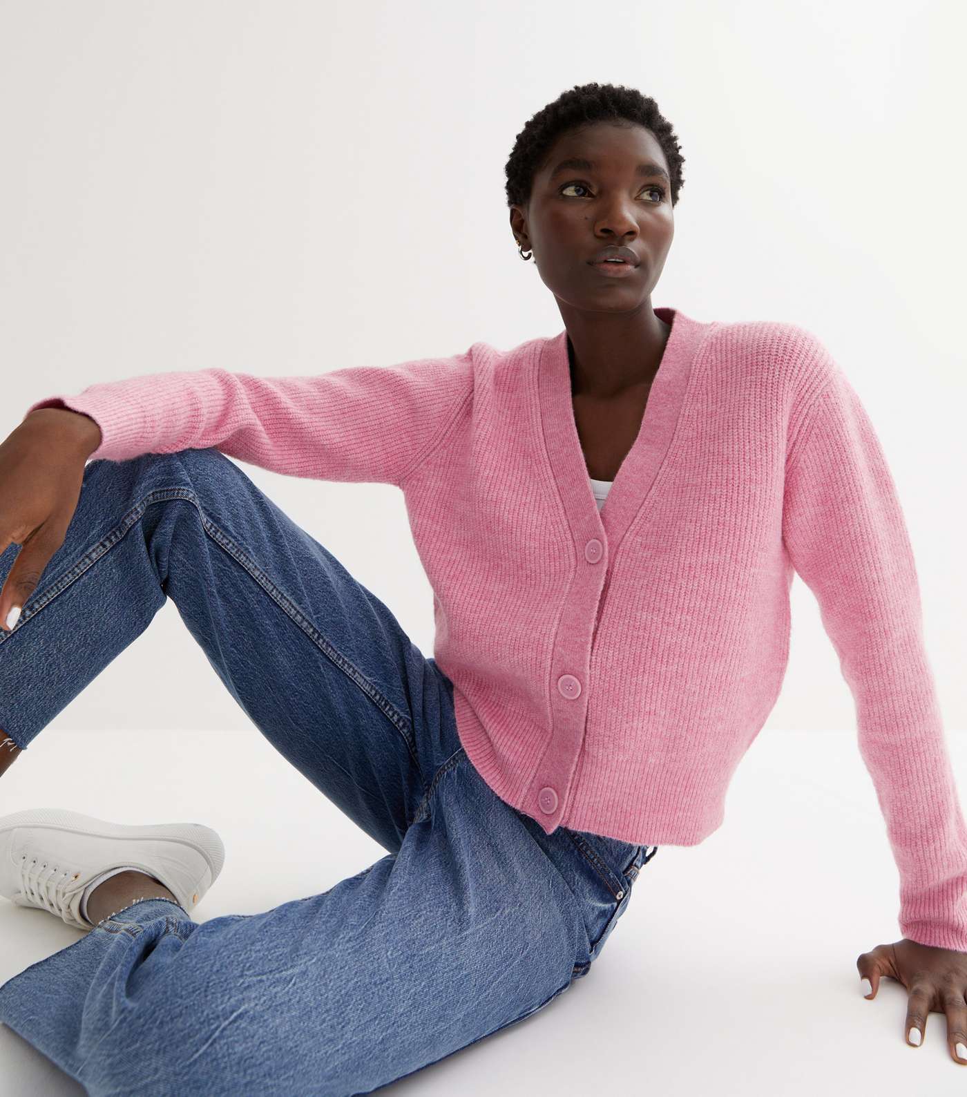 Pink Ribbed Knit Button Front Cardigan Image 2