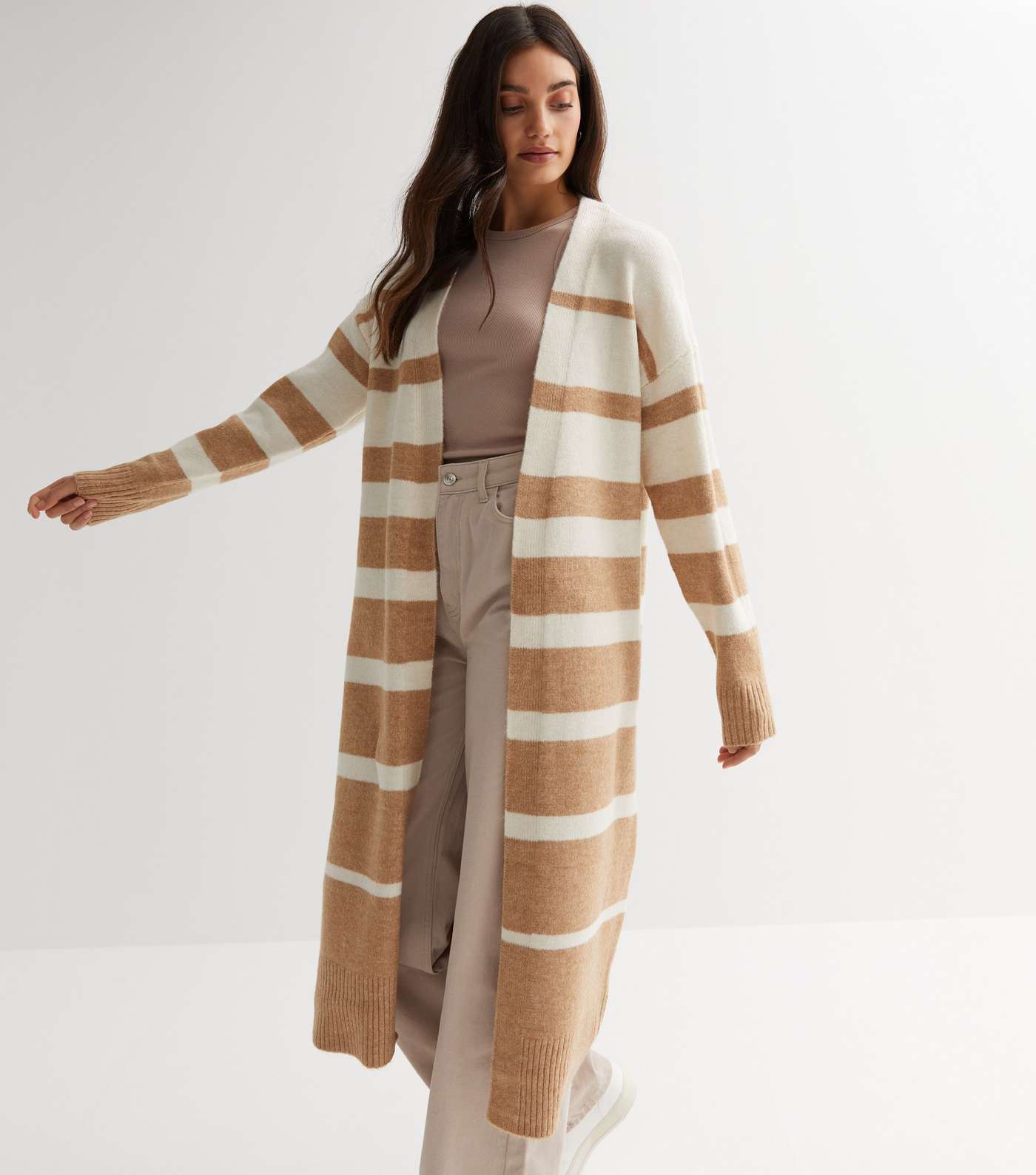 Brown Stripe Knitted Midi Cardigan Image 2