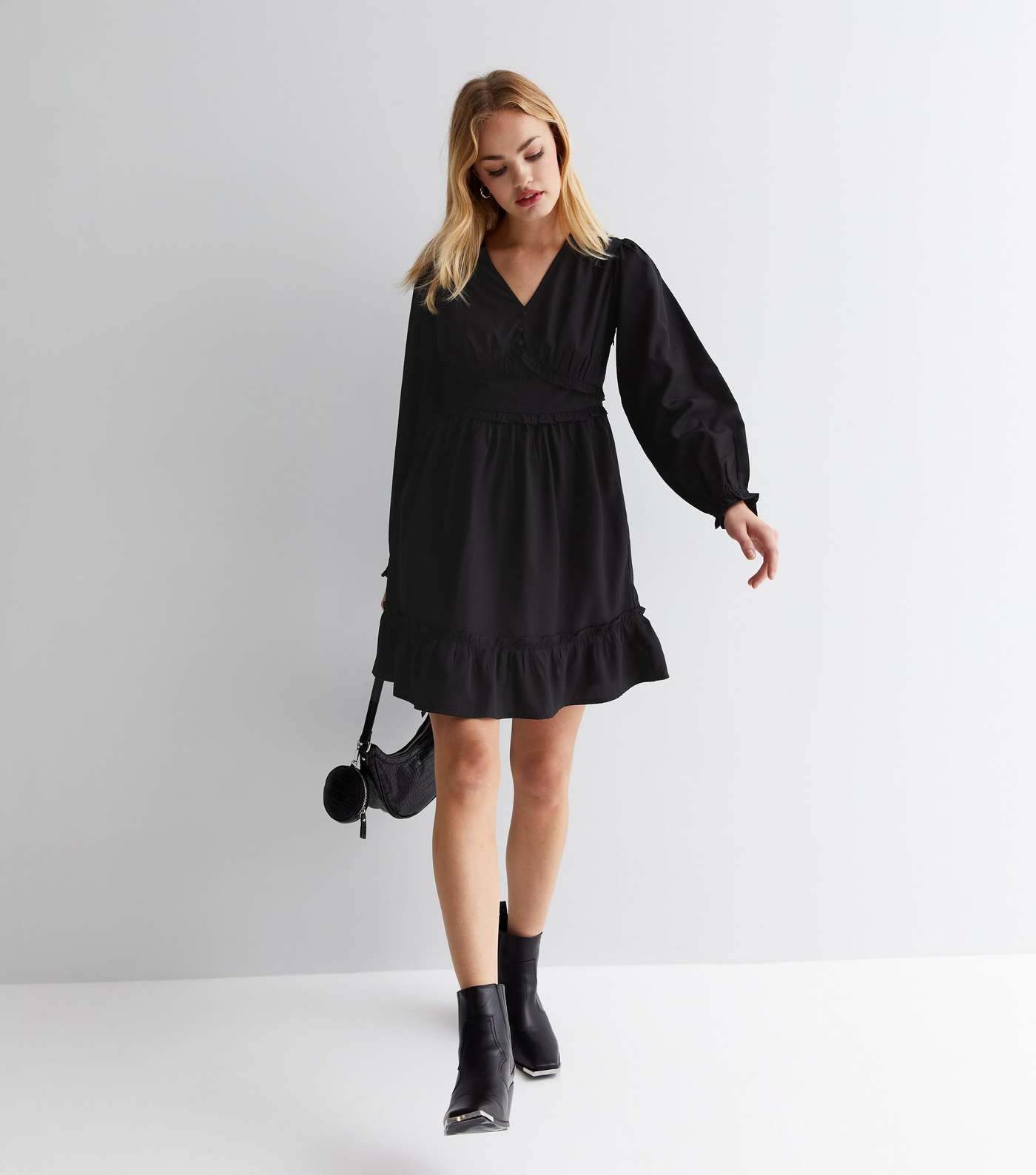 Black V Neck Long Sleeve Frill Mini Dress Image 3