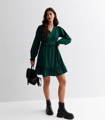 Dark Green V Neck Long Sleeve Frill Mini Dress New Look