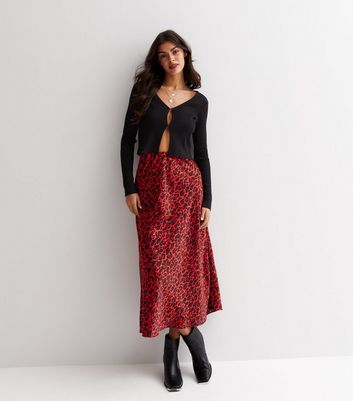 Red Leopard Print Satin Midi Skirt New Look