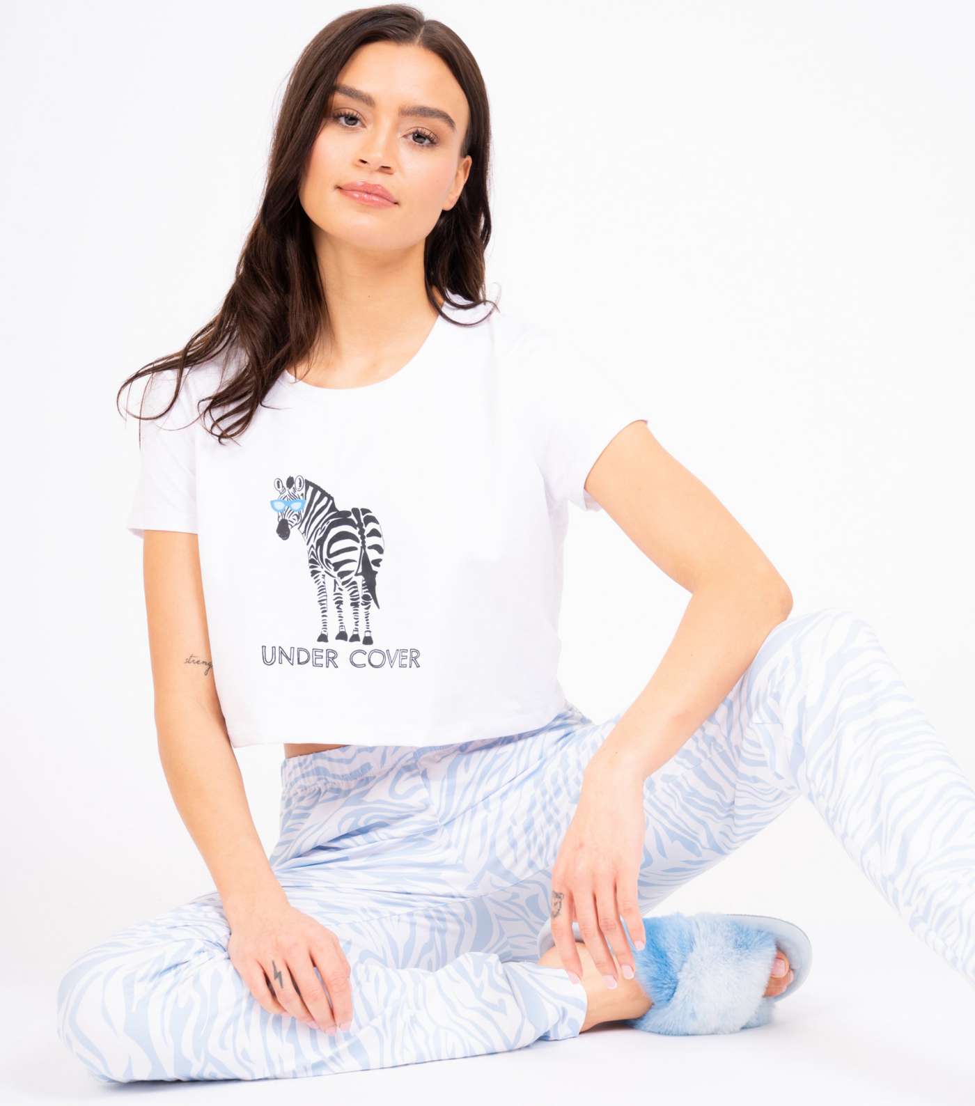 Loungeable Pale Blue Jogger Pyjama Set with Zebra Print