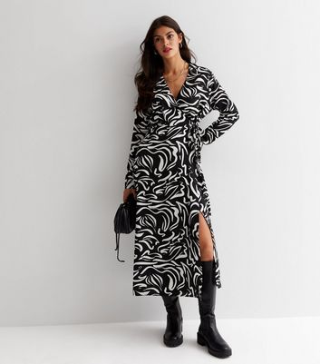 Black Squiggle Wrap Collar Long Sleeve Midi Dress New Look