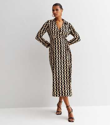 Black Doodle Print Long Sleeve Wrap Collar Midi Dress