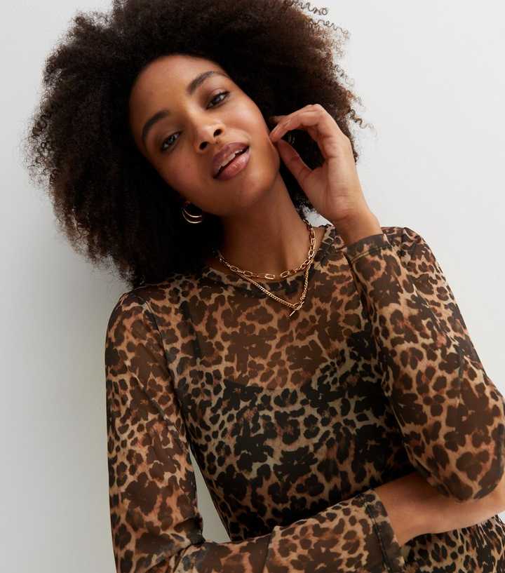 Brown Leopard Print Mesh Long Sleeve Midi Dress