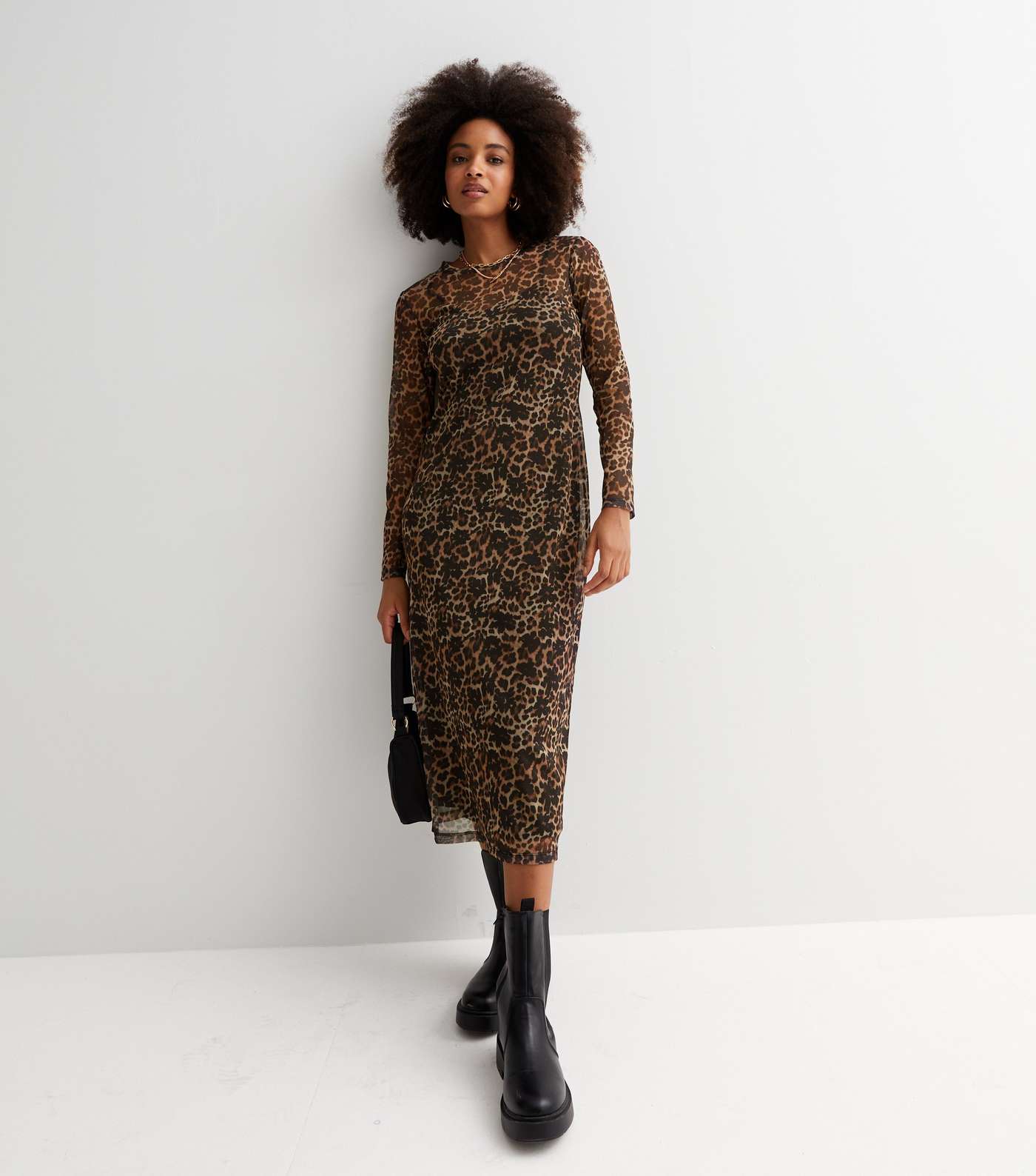Brown Leopard Print Mesh Long Sleeve Midi Dress Image 3
