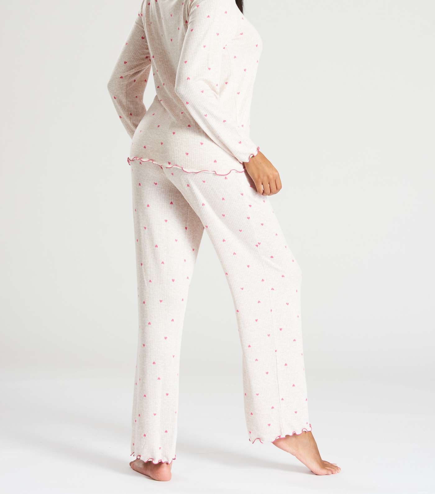 Loungeable Cream Ribbed Trouser Pyjama Set with Heart Print Image 3