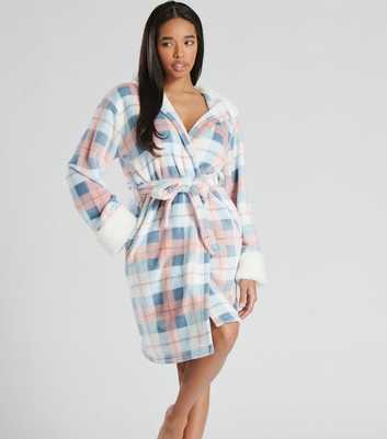 Loungable Multicoloured Check Teddy Lined Hooded Dressing Gown
