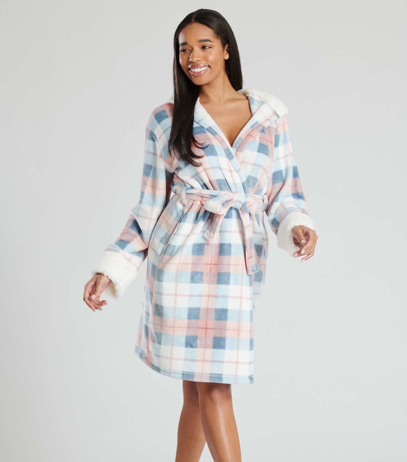 Loungable Multicoloured Check Teddy Lined Hooded Dressing Gown Image 2