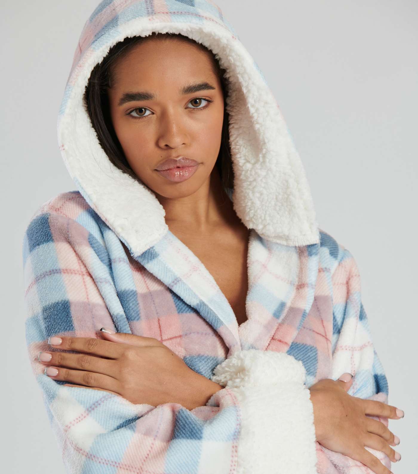 Loungable Multicoloured Check Teddy Lined Hooded Dressing Gown Image 4