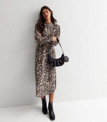 JDY Grey Leopard Print Long Sleeve Midi Dress