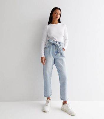 Petite Blue Paperbag High Waist Belted Dayna Tapered Jeans