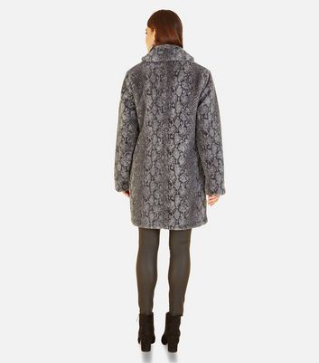 Yumi Grey Snake Faux Fur Long Coat New Look