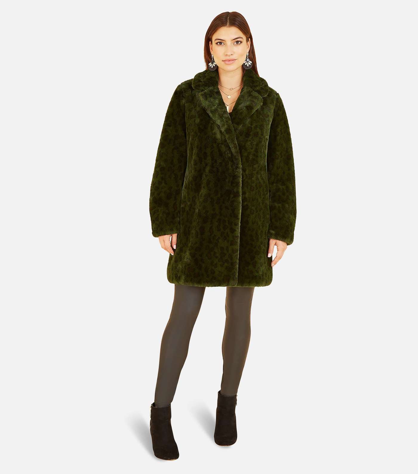 Yumi Dark Green Leopard Print Faux Fur Coat Image 2