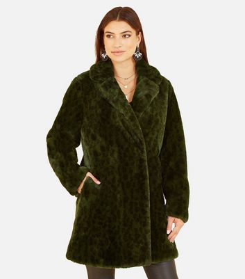 Yumi Dark Green Leopard Print Faux Fur Coat New Look