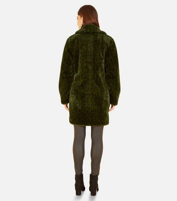 Yumi Dark Green Leopard Print Faux Fur Coat