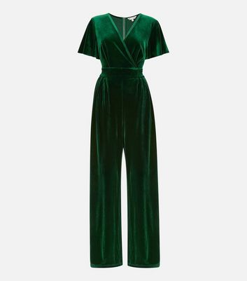 Yumi Dark Green Velvet V Neck Short Sleeve Wrap Jumpsuit