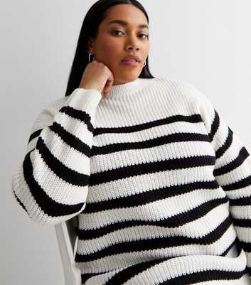 Curves White Stripe Stitch Knit Crew Neck Long Sleeve Jumper
