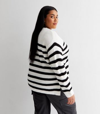 Curves White Stripe Stitch Knit Crew Neck Long Sleeve Jumper New Look