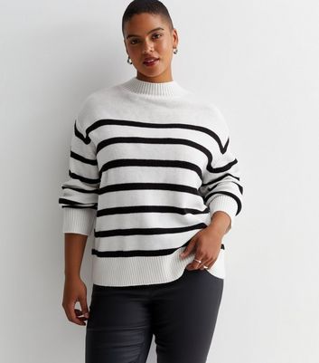 Curves White Stripe Knit High Neck Jumper | New Look