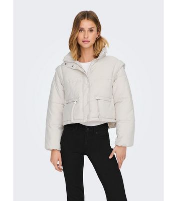 JDY Cream Detachable Sleeve Crop Puffer Jacket | New Look