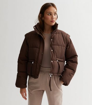 JDY Dark Brown Detachable Sleeve Crop Puffer Jacket | New Look