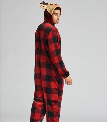 Loungeable Mens Red Check Fleece Reindeer Onesie New Look